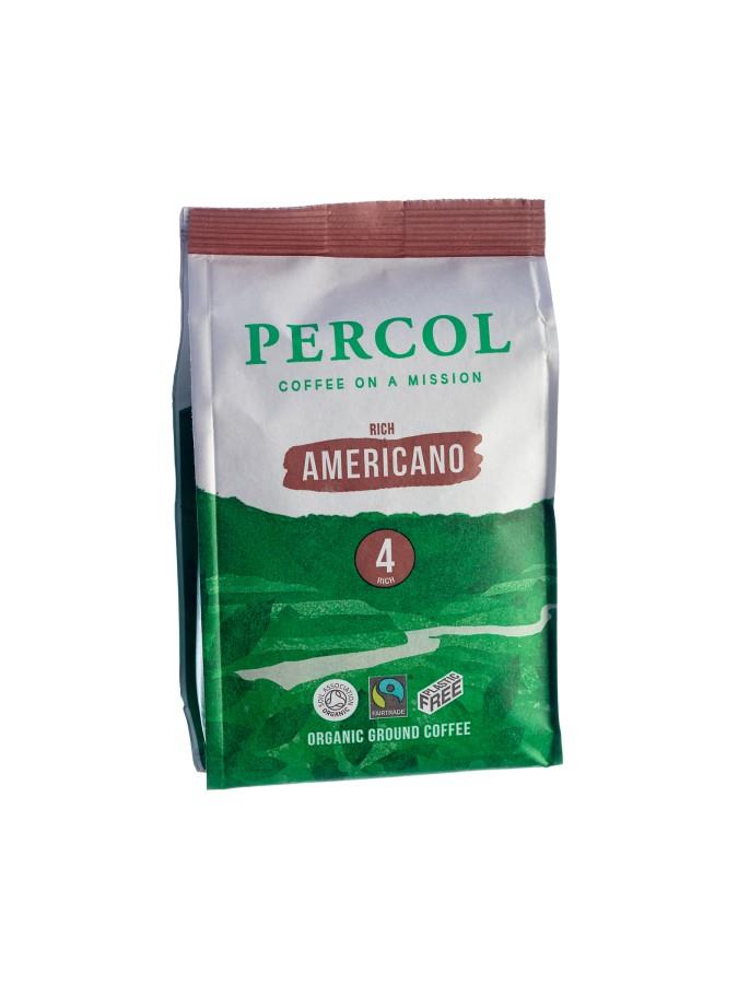 percol fairtrade organic ground coffee, americano, strong, organic, full bodied 