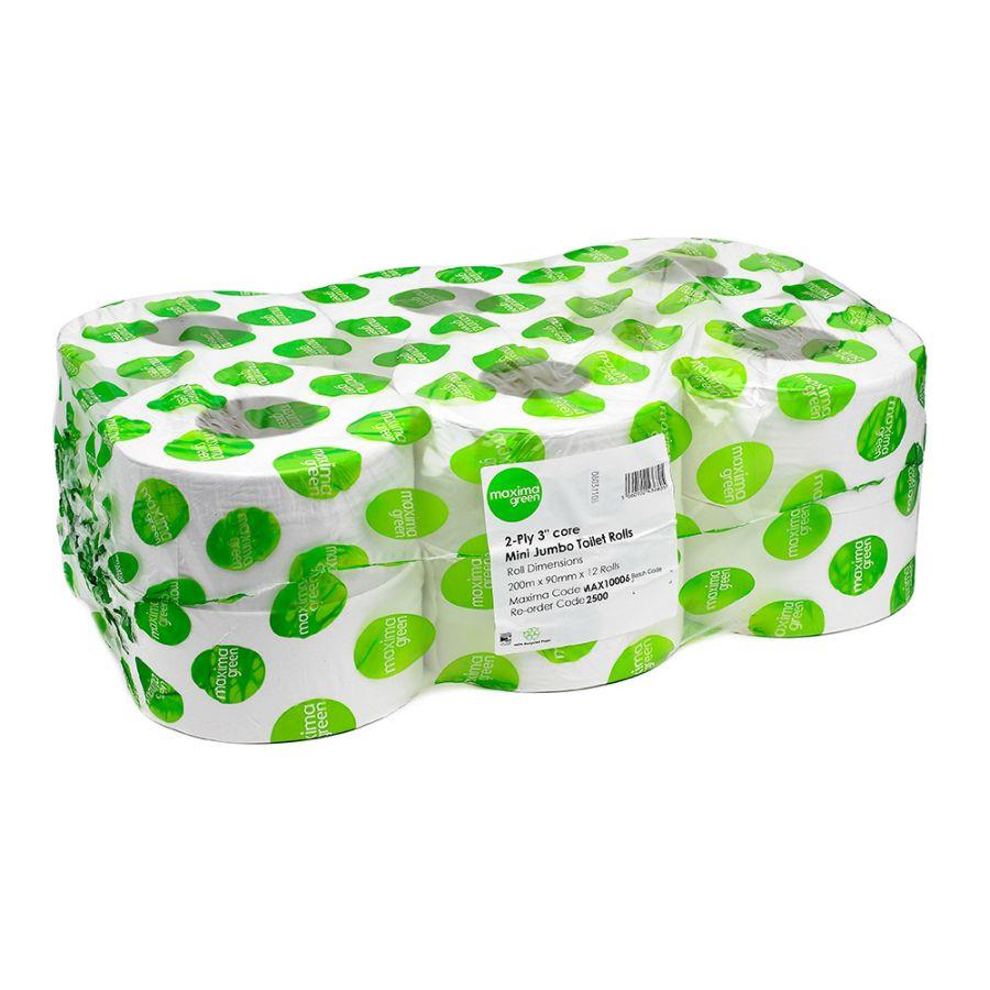 Maxima Green Mini Jumbo 2ply 2.25" Core Toilet Rolls